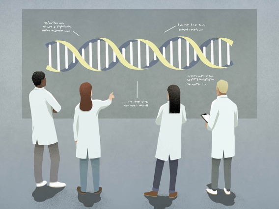 Stock illustration of doctors examining a strand of DNA.