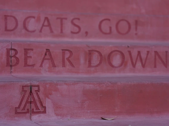 Steps outside the Student Union, with "Bear Down" and Block A logo imprinted