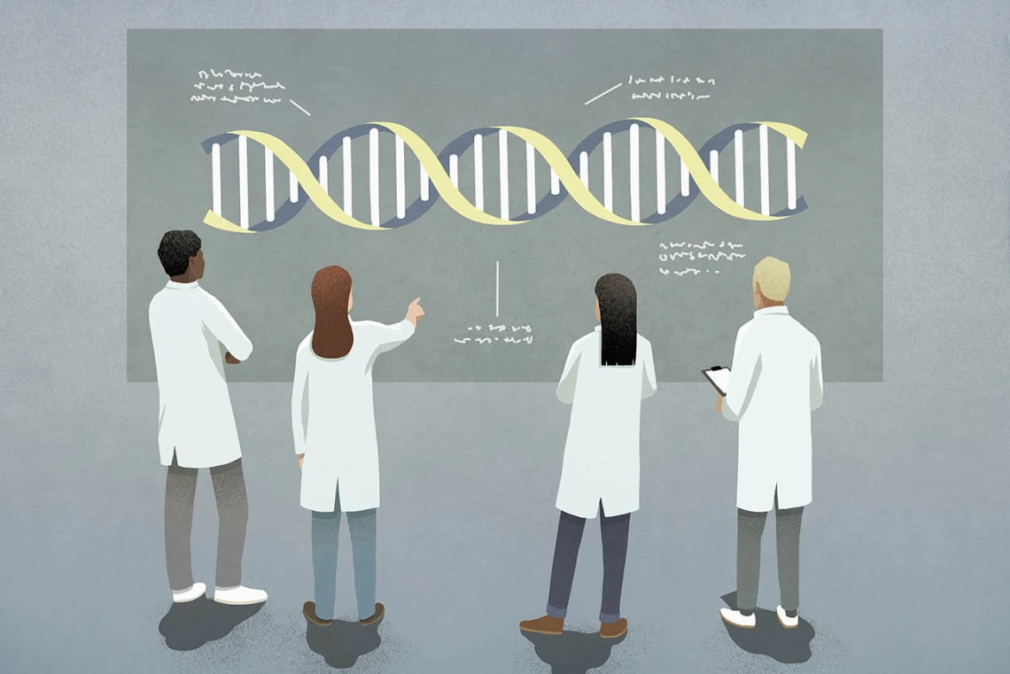 Stock illustration of doctors examining a strand of DNA.